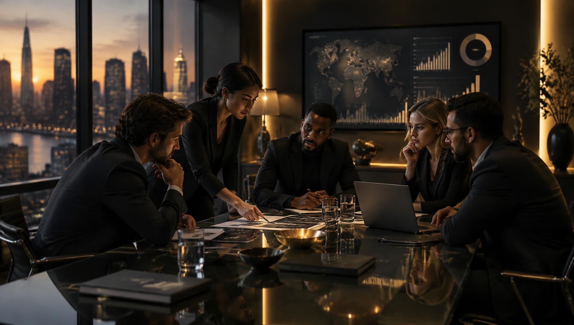 Equipo de consultoría de marketing en sesión de estrategia